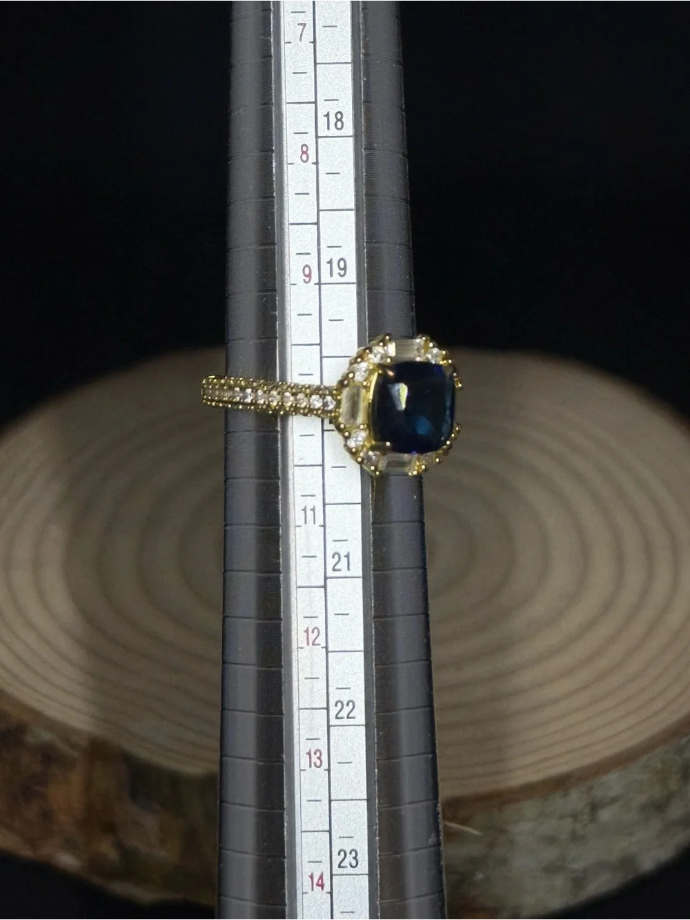 Bomb Party Gold Ring with Deep Blue Center Stone and Pave Accents